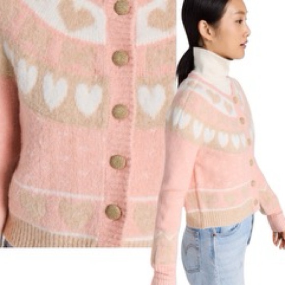 LoveShackFancy Dimples Heart Print Crop Cardigan in Champagne Toast |S - Picture 4 of 8